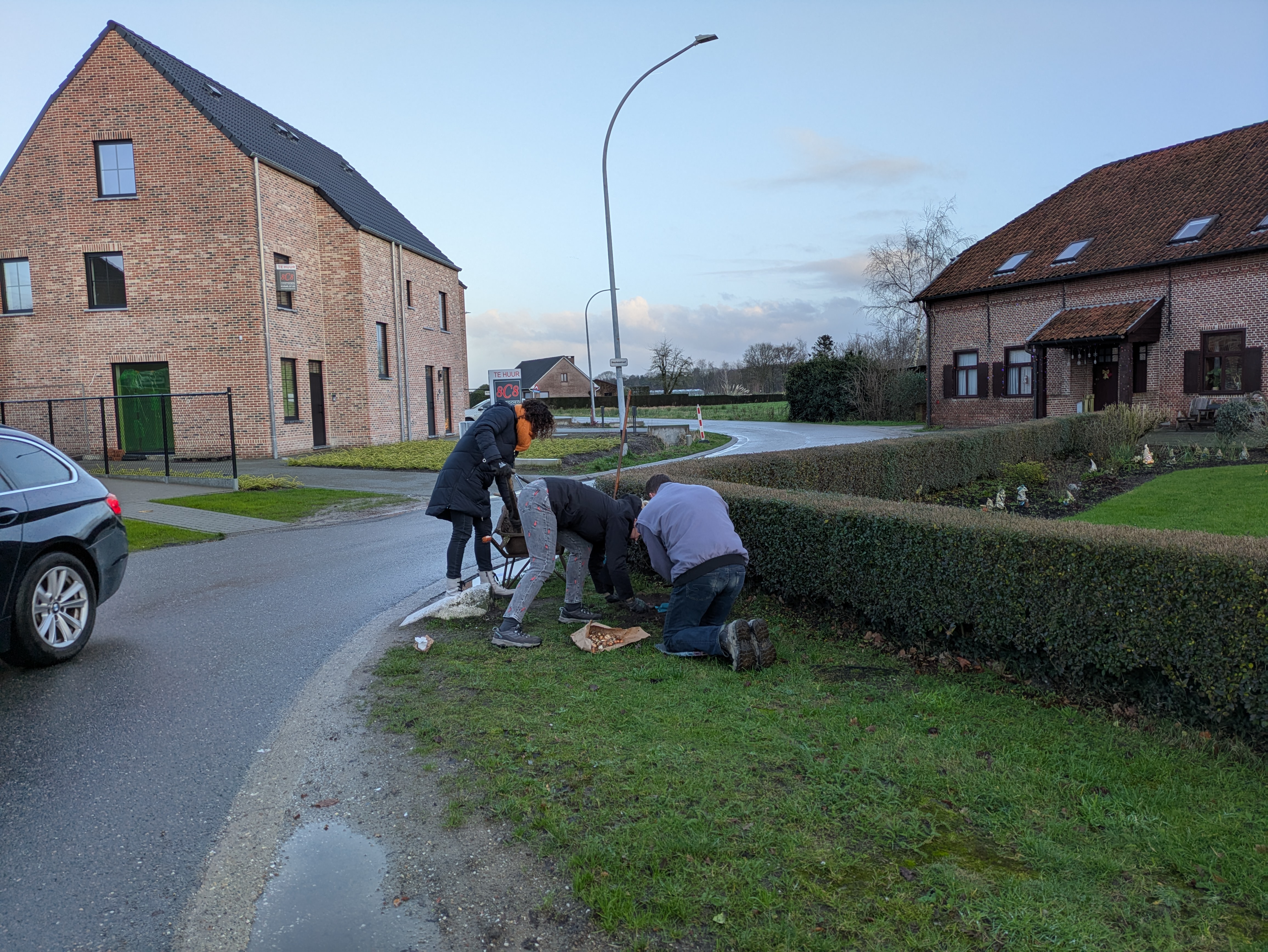 drie mensen planten bloembollen