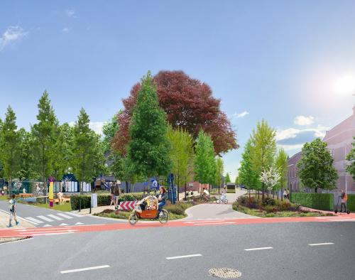 straat in schoolomgeving met veel bomen en plaats voor voetgangers en fietsers